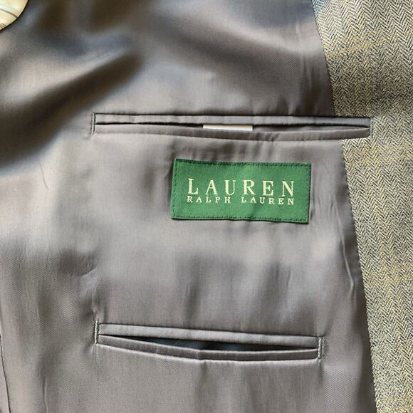 Lauren Ralph Lauren Herringbone Taupe Silk & Wool Sport Coat Blazer 43 Long - Picture 9 of 10